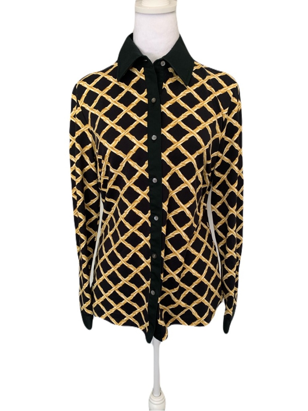 J. McLaughlin Black & Gold Bamboo Print Long-Sleeve Button-Down Collared Shirt